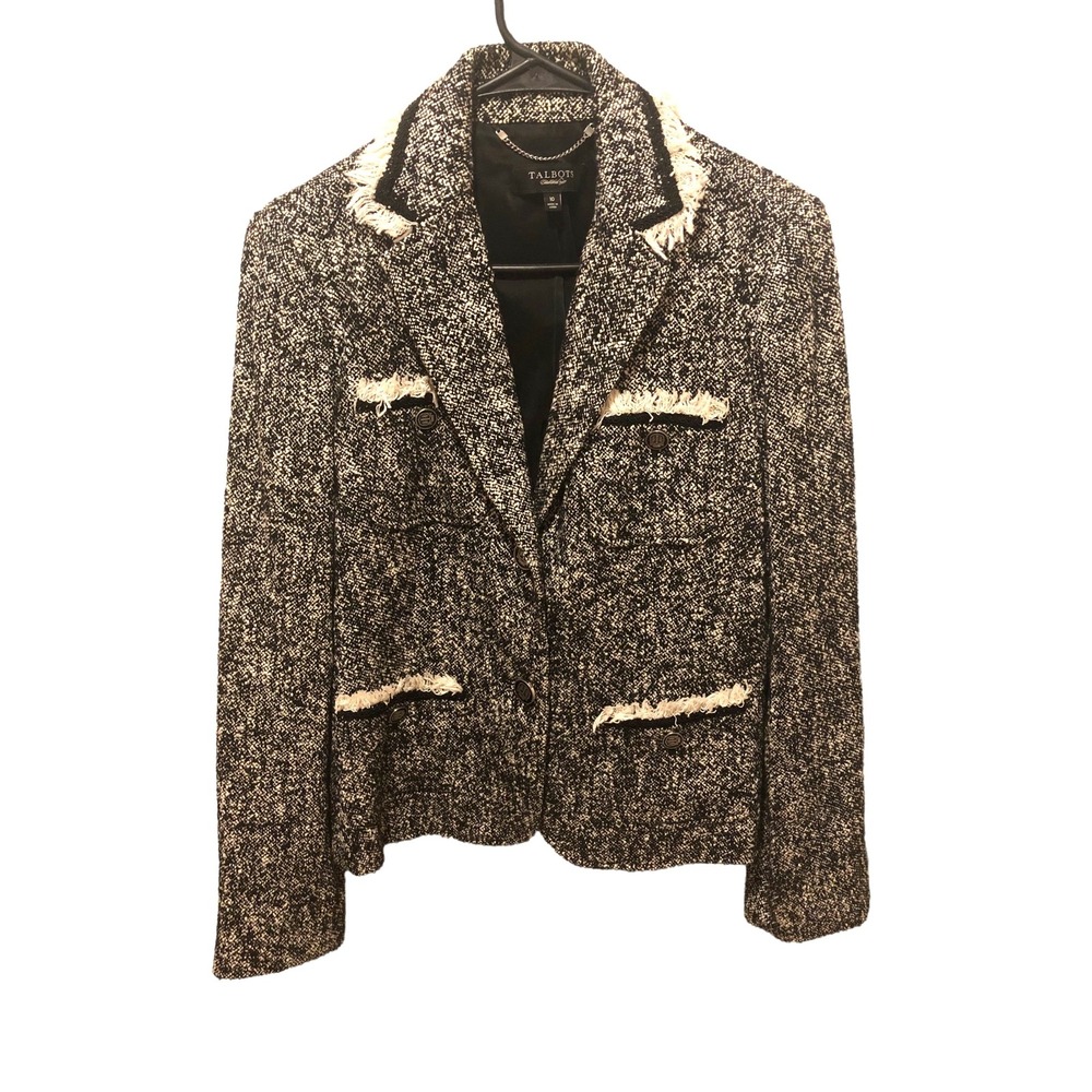 Talbots Women 10 Black White Tweed Blazer Fringe Trim Crest Button Jacket